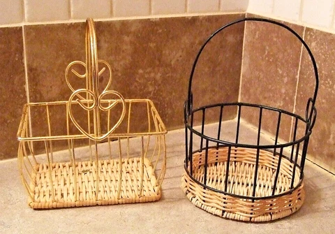 Lot of Two Wire & Wicker Handled Baskets - One Dark Green & One Gold Wire Cover