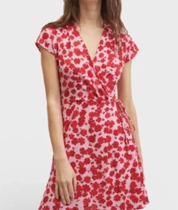 MNG Mango Women's Plus Wrap Floral Dress Petal Pink Red Flowers Plus Sz 3XL New - Picture 1 of 13