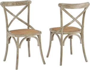 Modway Gear Rustic Modern Farmhouse Elm Wood Rattan Two Dining Chairs in Gray - Picture 1 of 4