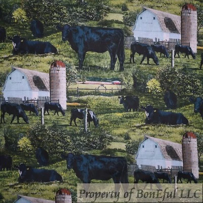 BonEful Fabric FQ Cotton Quilt Green Grass Farm Scenic Black Cow Calf White Barn - Image 1 of 4