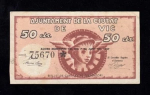 F.C. VIC (BARCELONA) , 50 CENTIMOS 1937 , EBC+ . - Picture 1 of 2