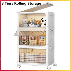 3 Tier Collapsible Storage Bin Clear Plastic Box Container Organizer w/Lid Wheel - Picture 1 of 16