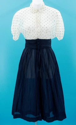 Vtg Womens 40s 50s Sheer Navy & White Polka Dot Dress W/ Belt XXS/XS 1940s 1950s - Image 1 of 4