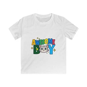 Awesome Boy Kids Softstyle Tee Cute Cat Design, Birthday Gift, Child's Playwear - Picture 1 of 13