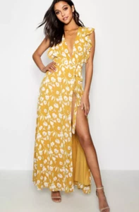 Boohoo Dress Size 10 New Yellow Floral Wrap Ruffle Maxi Party Summer Holiday - Picture 1 of 10