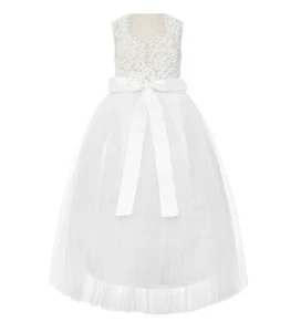 Scalloped Open Back Lace Flower Girl Dress Baptism Dress Graduation Dress Party - Picture 1 of 28