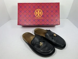 Tory Burch Charm Mules Flat Slip-on Black US Size 7 Genuine Leather Natural Cork - Picture 1 of 11