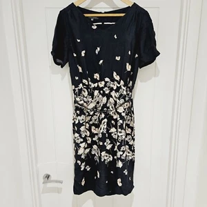 Laura Ashley Size 12 Navy Blue Pink Floral Print Short Sleeved Shift Dress - Picture 1 of 18