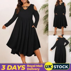 Plus Size Women Cold Shoulder Midi Dress Gothic Steampunk Pockets Party Dresses - Picture 1 of 16