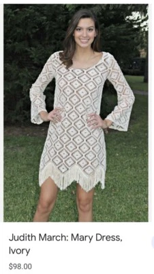 Judith March: Mary Dress Ivory Diamond Crochet Shift Zig Zag Fringe Hem Small - Image 1 of 4