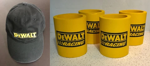 Vintage DeWalt Racing Bottle Can Koozie and DeWalt Guaranteed Tough Baseball Hat Cover