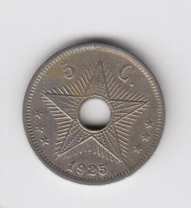 Belgian Congo, 5 Centimes, 1925, Copper-Nickel, Hole Coin, KM# 17, XF+ - Picture 1 of 2