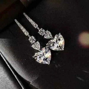 3Ct Heart Cut Lab-Created Diamond Drop/Dangle Earrings In 14k White Gold Plated - Picture 1 of 6