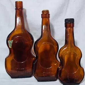 3 Vintage Brown Owens-Illinois Guitar/Fiddle-Shaped Bottles, 11", 9.5" and 7.75" - Picture 1 of 16