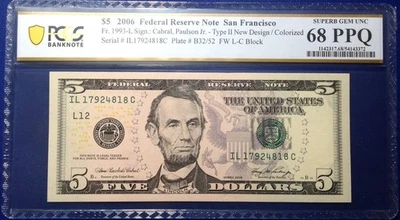 2006 $5 Federal Reserve Note Fr-1993-L San Francisco PCGS68PPQ Superb Gem - Image 1 of 2