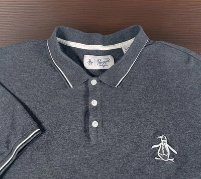 Camisa Polo Original Pingüino Hombres XL Gris Manga Corta Logo Grande 100% Algodón-USADA EN EXCELENTE ESTADO Foto 1 de 4