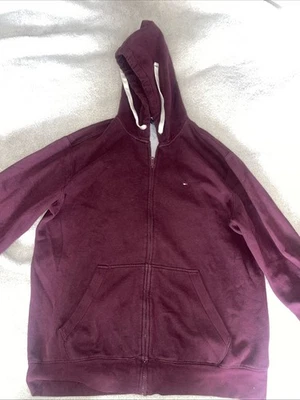 Tommy Hilfiger Hoodie Men's S Burgundy Sherpa Lined Oversized Drawstring Zipper - Image 1 of 3