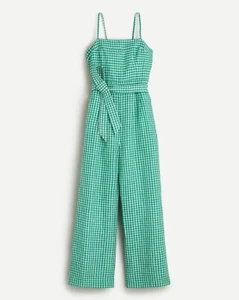 J.Crew Green 100% Linen Gingham Plaid Sleeveless Tie Waist Lightweight Jumpsuit - Picture 1 of 9