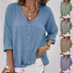 Holiday Womens Long Sleeve Blouse Button Casual Solid Tops T-shirt Loose Tee NEW - Picture 1 of 15