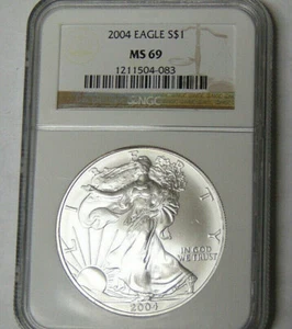 NGC MS69 2004 American Silver Eagle 1 oz .999 Fine Silver Dollar Near Perfect - Picture 1 of 3