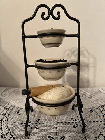 Longaberger Collectors Club Miniature Mixing Bowls & Stand With Dough & Berries Cover