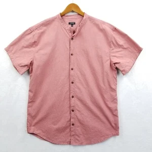 J Peterman Shirt Men L Red 100% Cotton Band Collar Short Sleeve Button Casual - Picture 1 of 9