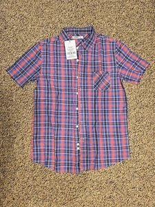 NWT Boys Sz 14 Tron Jori Short Sleeve Button Down Shirt Pink Plaid 100% Cotton - Picture 1 of 3