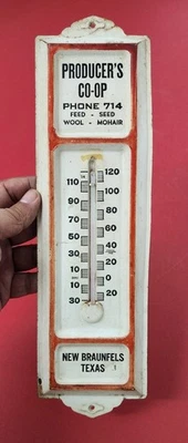 Años 40? Termómetro de alimentación y semillas CO-OP de metal para productores nuevo Braunfels Texas Foto 1 de 2