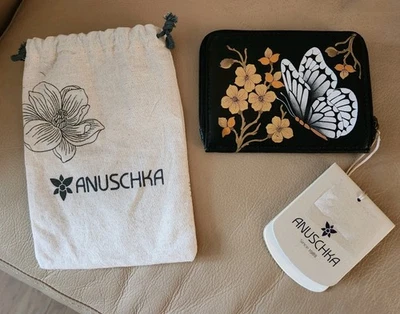 Cartera ANUSCHKA de cuero negra pintada a mano con cremallera con RFID-Mariposa Anochecer-NUEVA CON ETIQUETAS Foto 1 de 4
