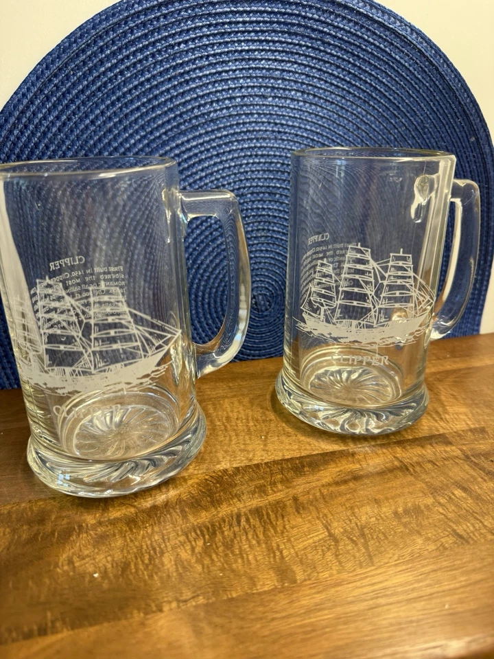 "Juego de 2 tazas de cerveza de vidrio grabado vintage piedras cortapelos náutico envío 5 1/2""" Foto 1 de 4