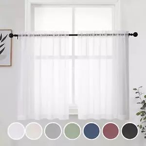 Short White Sheer Curtains 36 Inches 2 Panels Set - Kitchen Tiers Valances Curta - Picture 1 of 7