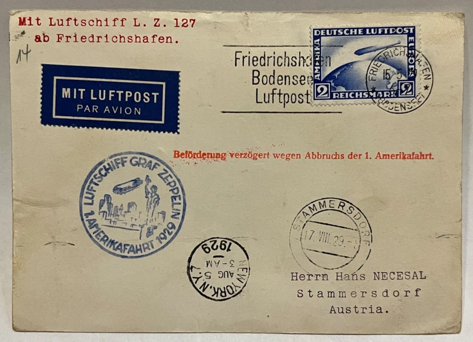 1929 GERMANY GRAF ZEPPELIN COVER #C36 DELAYED DUE CANCEL OF THE 1st AMERICA TRIP - Image 1 of 4