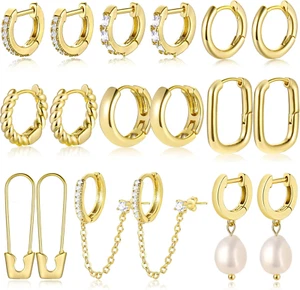 9 Pairs Small Gold Huggie Hoop Earrings for Women, 14K Gold Plated Lightweight C - Picture 1 of 12