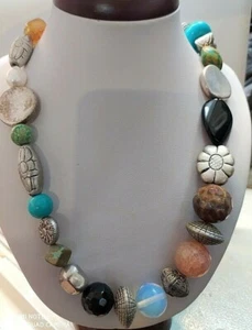 Collana Vintage Naturale Multi Pietre Diverse Perline Placcate Argento Fatta ... - Foto 1 di 4