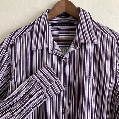 Sean John Button Up Mens XL Purple White Striped Shirt Long Sleeve Original Fit - Image 1 of 4