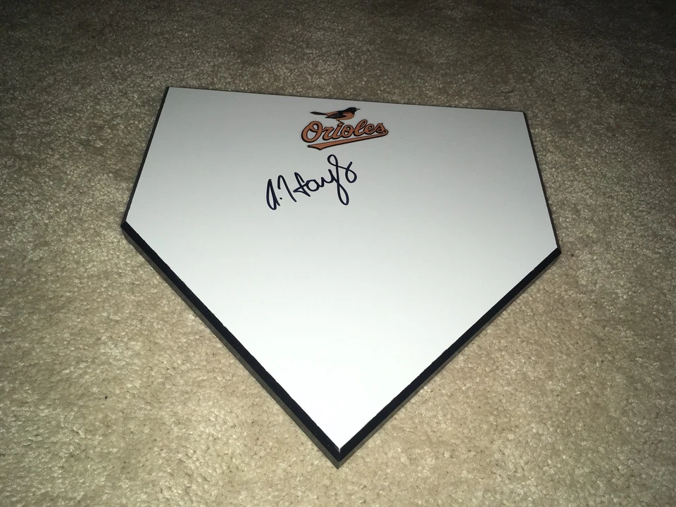 AUSTIN HAYS HAND SIGNED BALTIMORE ORIOLES LOGO BASEBALL HOME PLATE COA - Image 1 of 3