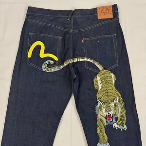 Evisu Blue Denim Jeans Wide Leg Embroidered Tiger Graphic Dark Indigo 42 (40x30) - Picture 1 of 22