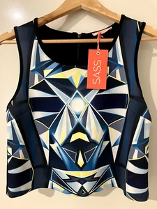 SASS Ladies diamond tank top zip party geometric nwt lined short rrp 59.95 - Picture 1 of 4