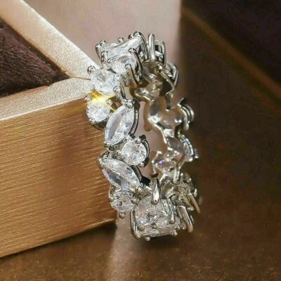 Alianza de boda de eternidad completa para mujer anillo marquesa laboratorio creado diamante plata 925 Foto 1 de 4