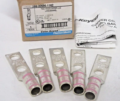 Box of 5 Thomas & Betts 256-30695-1162 2 Hole Copper Compression Lug 1/0 AWG 3/8 - Image 1 of 4