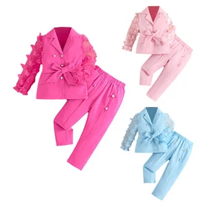 Kids Girls Set Solid Color Pants Set Lapel Coat Set See-through Tulle Belt Set - Picture 1 of 42