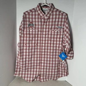 Ohio State Shirt Mens Medium Red Plaid Button Down Collar Super Tamiami Columbia - Picture 1 of 3