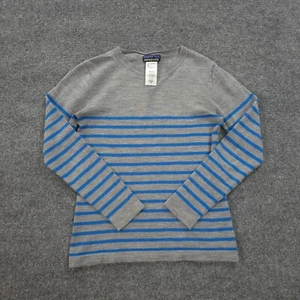 Patagonia Sweater Womens Medium Grey Blue Striped Merino Crew Wool Hike Outdoors - Picture 1 of 9