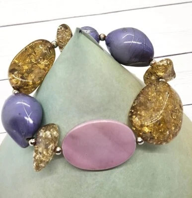 Brazalete elástico de cuentas gruesas de acrílico brillante rosa, púrpura y dorado estilo mod  Foto 1 de 4