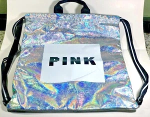 BLING Victoria Secret Pink Iridescent Silver Holographic Drawstring Backpack Bag - Picture 1 of 5