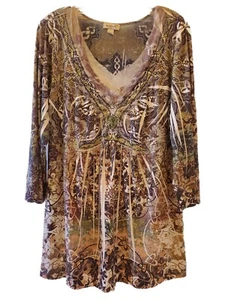 One World Woman’s Boho Sparkle Tunic Size XL 3/4 Sleeve Green Ivory Comfort - Picture 1 of 11