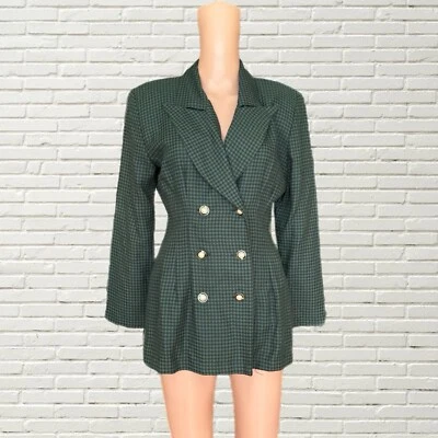 复古 80 年代 90 年代格子夹克绿色黑色格子印花珍珠纽扣 - La Belle Xs — 第 1/4 张图片