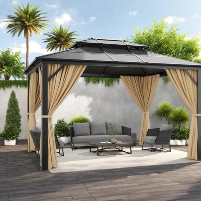 10'x10' Hardtop Gazebo Aluminum Frame Pavilion with Curtains Netting Double Roof - Image 1 of 4