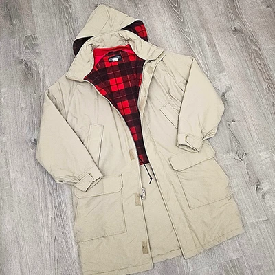 Vintage 80s 90s Lands End Hooded Wool Lined Puffer Parka Coat Chore Barn USA M - Image 1 of 4
