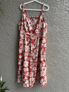 Old Navy Damen Leinenmischung Midikleid blutorange geblümt Größe XL NEU - Bild 1 von 9